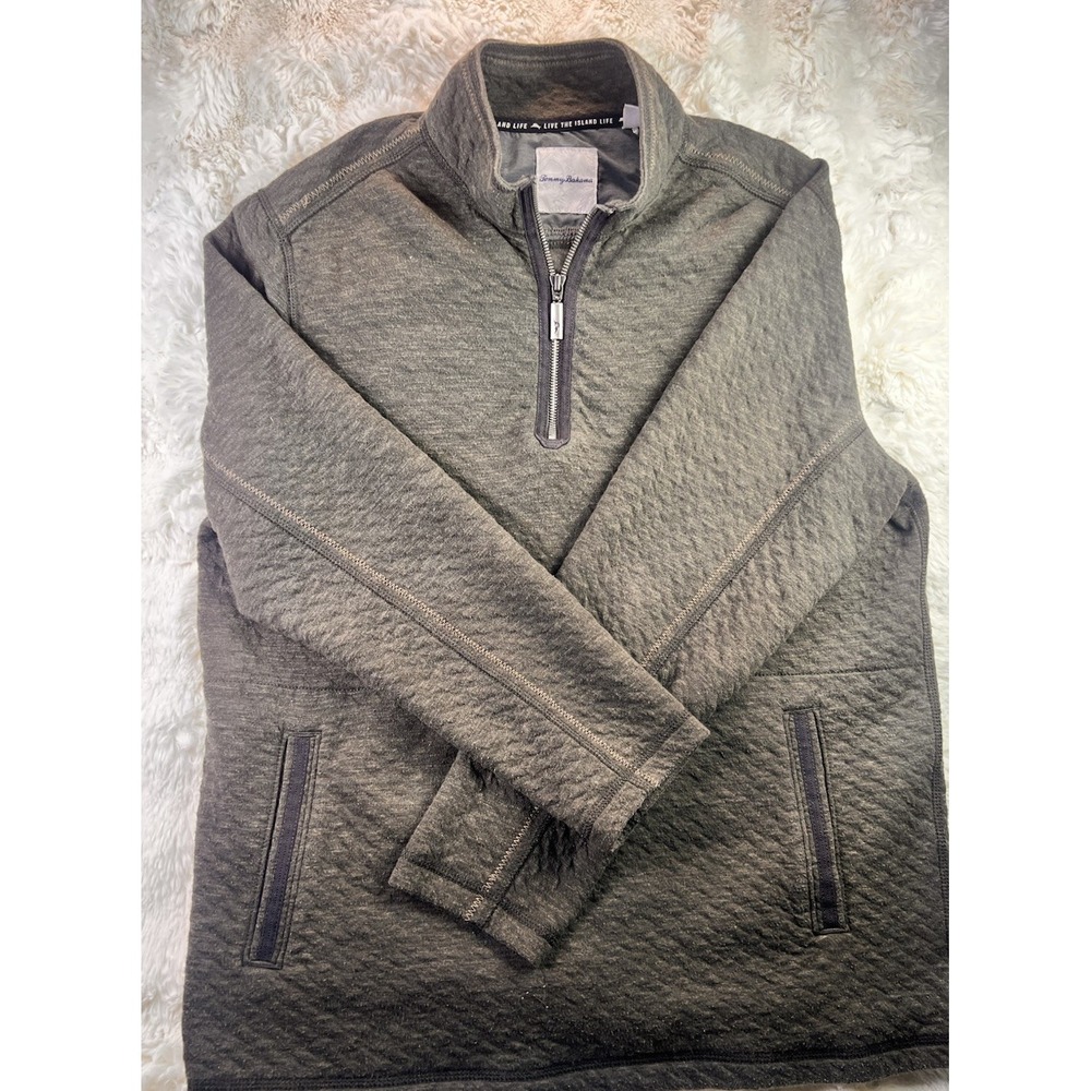 Tommy Bahama MensQuarter Zip Sweatshirt Pullover Medium Charcoal Grey Quilted A7